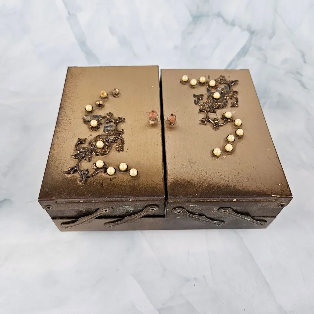 Vintage‎ metal trinket jewelry box velvet lined pearl inlay art deco accordion